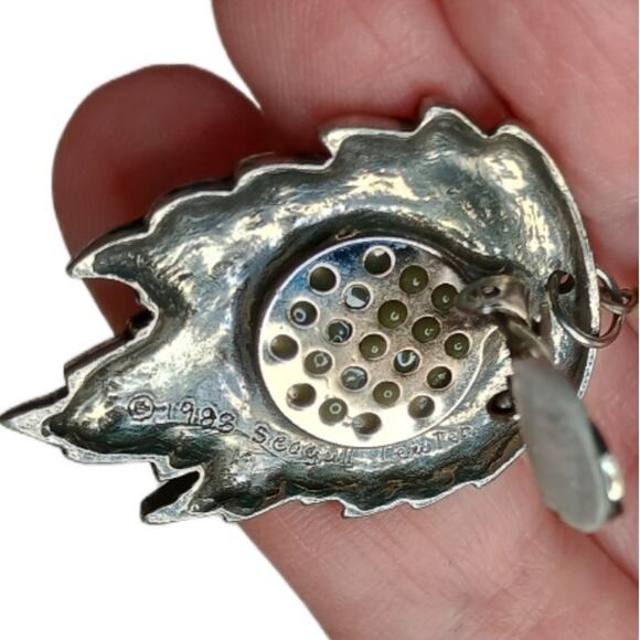 Vintage Seagull Pewter Leaf Earrings 1988 Signed Pearl Drop Dangle - Picture 6 of 7